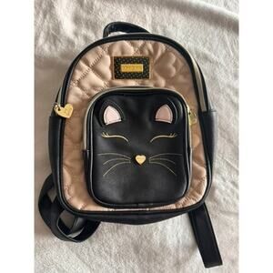 Betsey Johnson Black & Beige Quilted Heart Mini Backpack Cat Ears & Bow